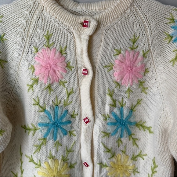 Vintage Hand-Knit Floral Embroidered Cardigan Sweater Cream Multicolor Size S/M - Picture 6 of 11